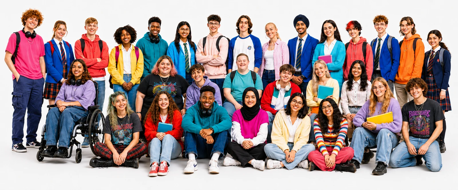 A large group of secondary-school and college-age learners standing and sitting together