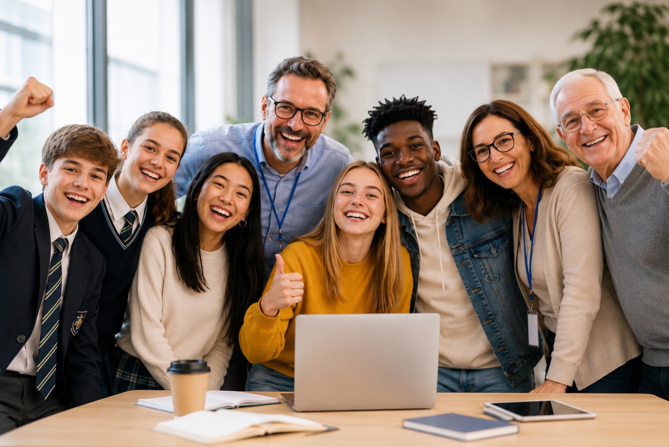 Students and educators celebrating together around a laptop