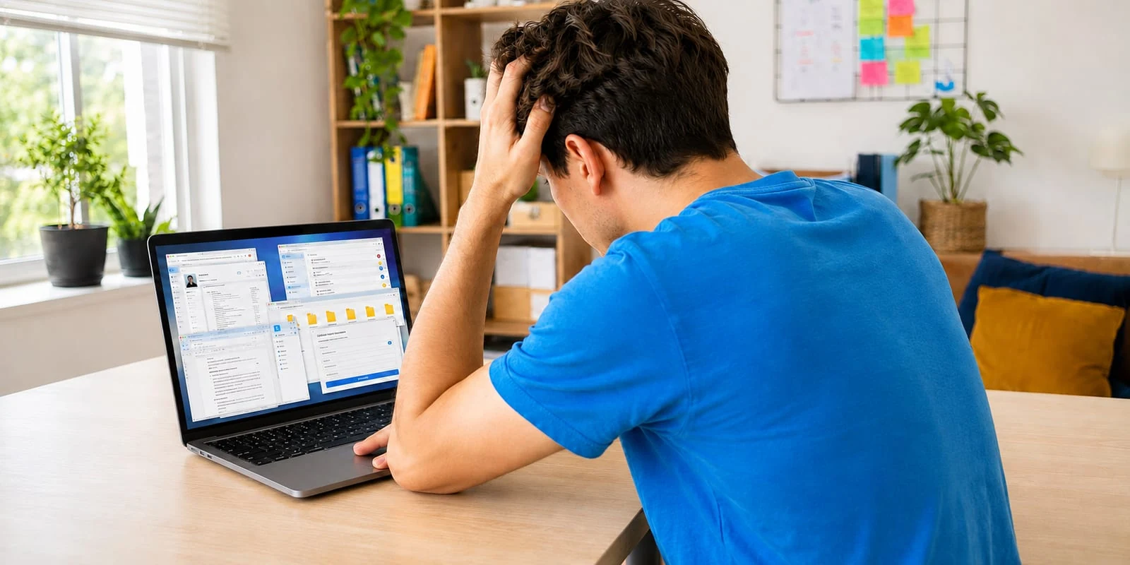 A young man sitting at a desk with his head in his hand, looking away from a laptop showing several open documents and folders.