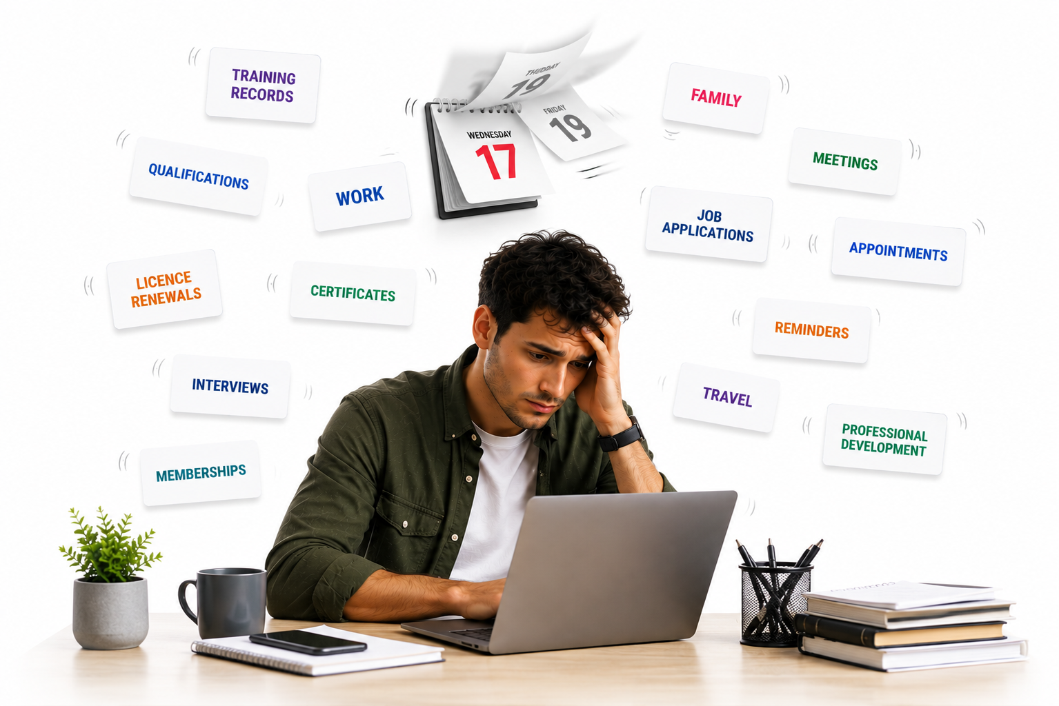 A person at a laptop surrounded by the many records and responsibilities of adult life