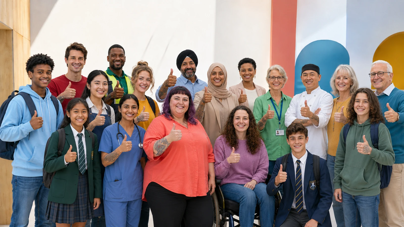 A large group of people of different ages, backgrounds and occupations — school pupils, a nurse, a chef, office workers and retirees among them — standing together and giving a thumbs up.